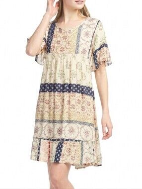 Chris & Carol Boho Patchwork Shift Dress Multi Color Size Small